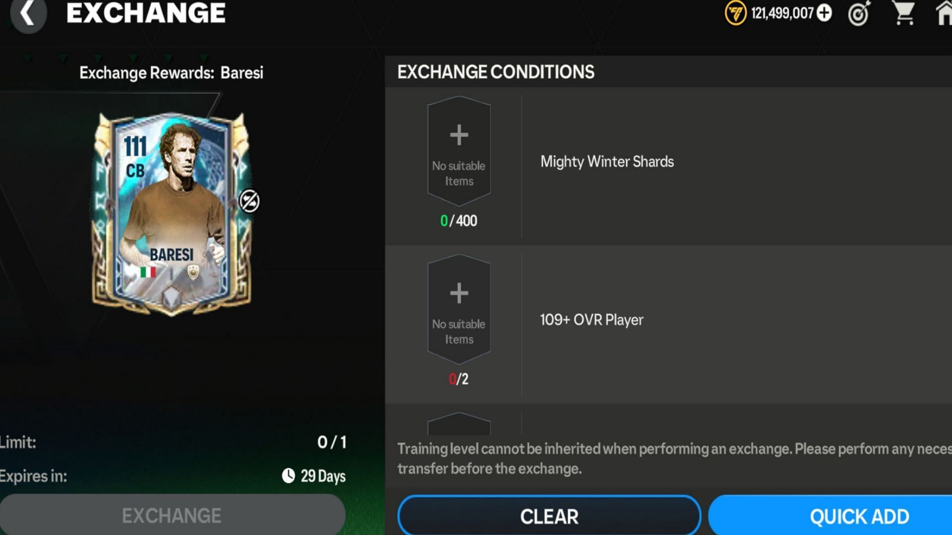 A snippet showing the EA FC Mobile Ragnarok Mighty Winter Franco Baresi exchange requirements (Image via EA Sports)